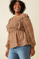 HY6257 Mocha Plus Mixed Botanical Print Ruffle Detail Peplum Top Full Body