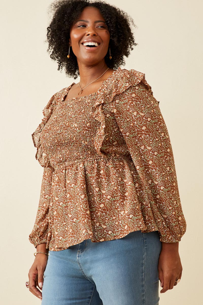 HY6257 Mocha Plus Mixed Botanical Print Ruffle Detail Peplum Top Full Body