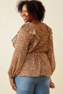 HY6257 Mocha Plus Mixed Botanical Print Ruffle Detail Peplum Top Side