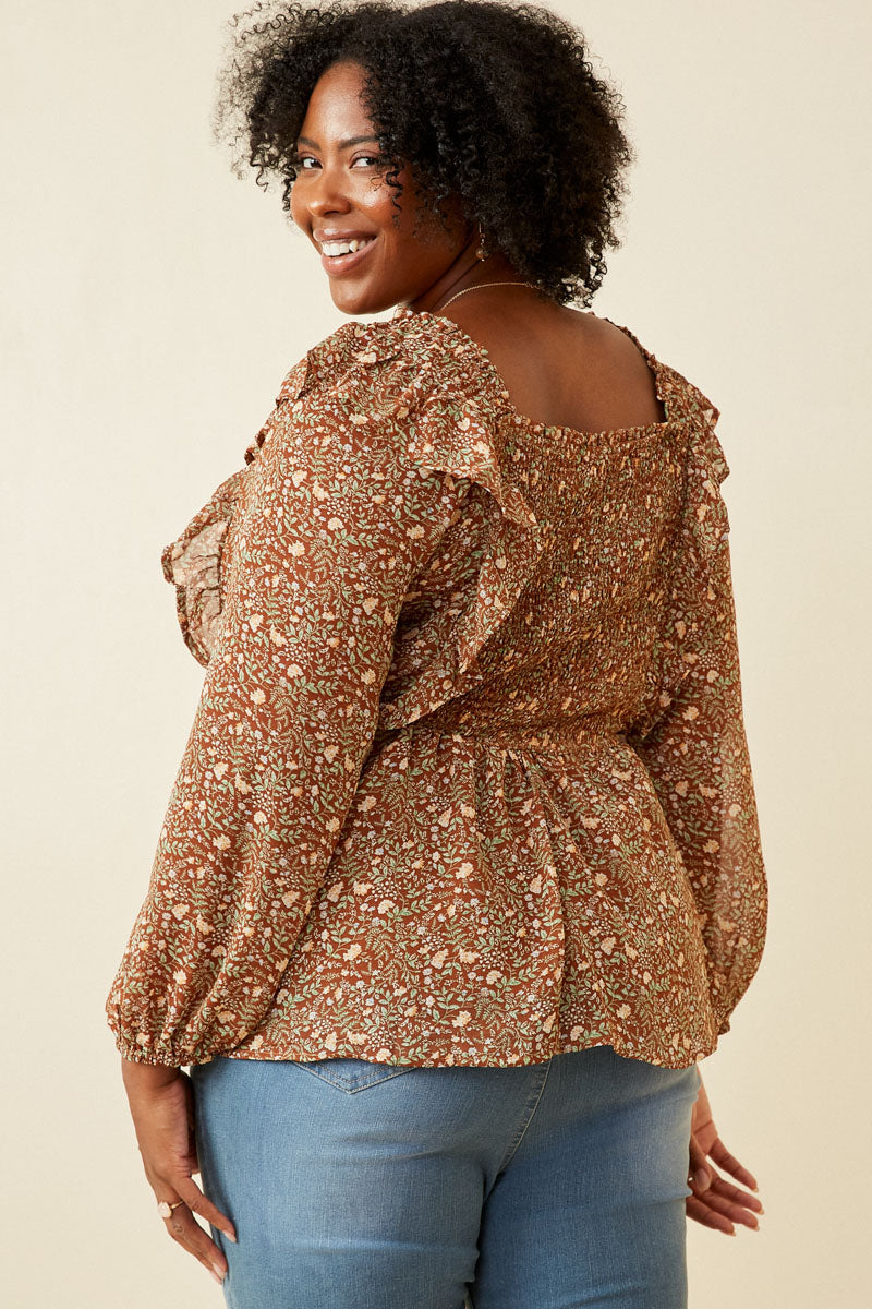 HY6257 Mocha Plus Mixed Botanical Print Ruffle Detail Peplum Top Side