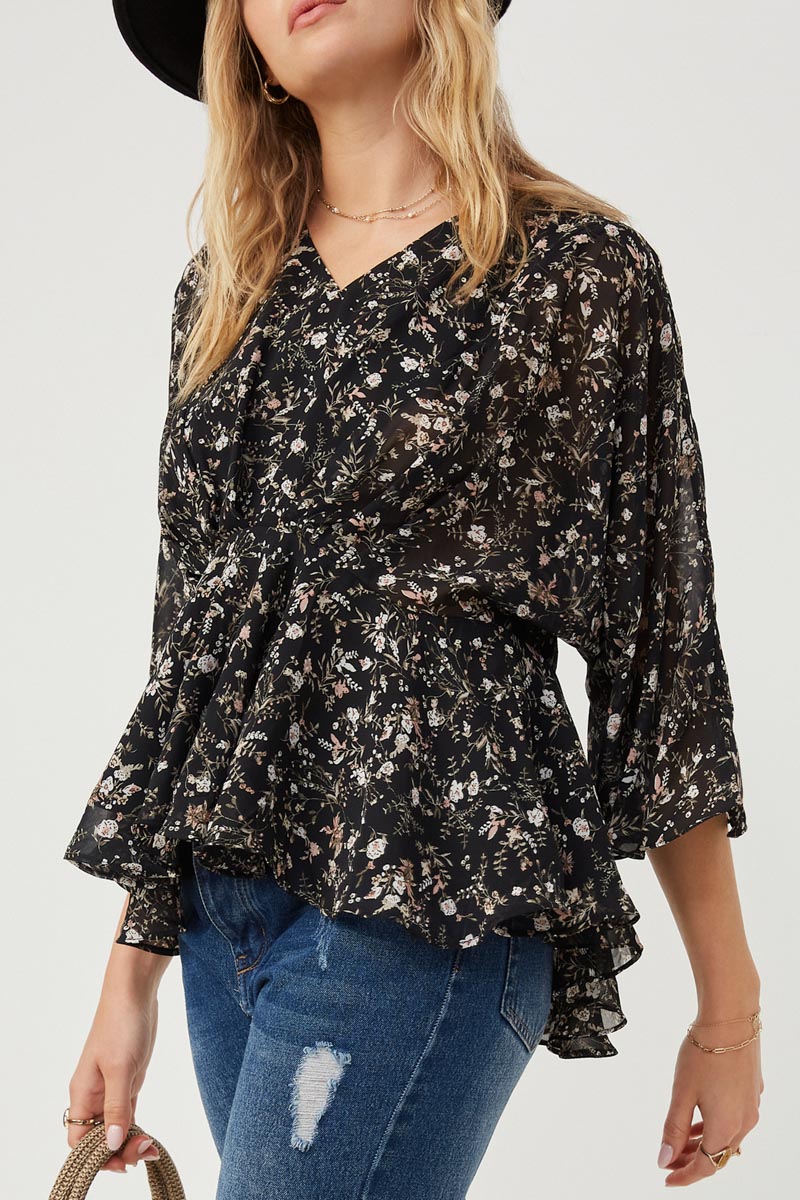 Floral V Neck Chiffon Peplum Top