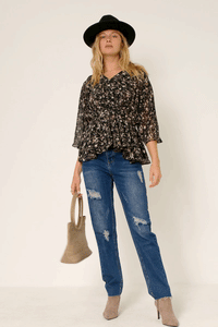 HY6262W Black Plus Floral V Neck Chiffon Peplum Top Detail