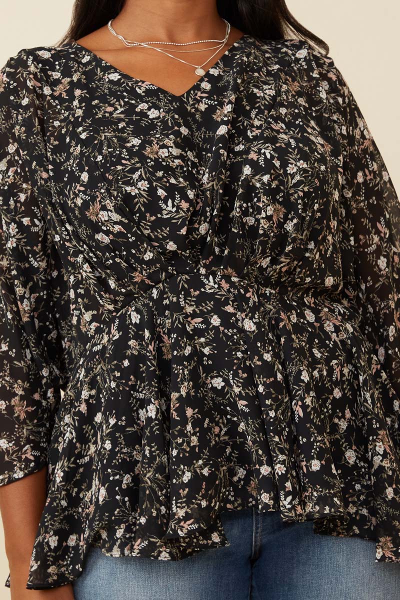 Floral V Neck Chiffon Peplum Top