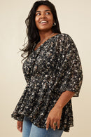 HY6262 Black Womens Floral V Neck Chiffon Peplum Top Full Body