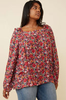 HY6267W Cherry Plus Floral Print Ruffle Shoulder Long Sleeve Textured Top Front
