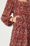 HY6269 Burgundy Womens Ditsy Floral Cinched Puff Sleeve Square Neck Dress Detail