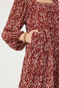 HY6269 Burgundy Womens Ditsy Floral Cinched Puff Sleeve Square Neck Dress Detail