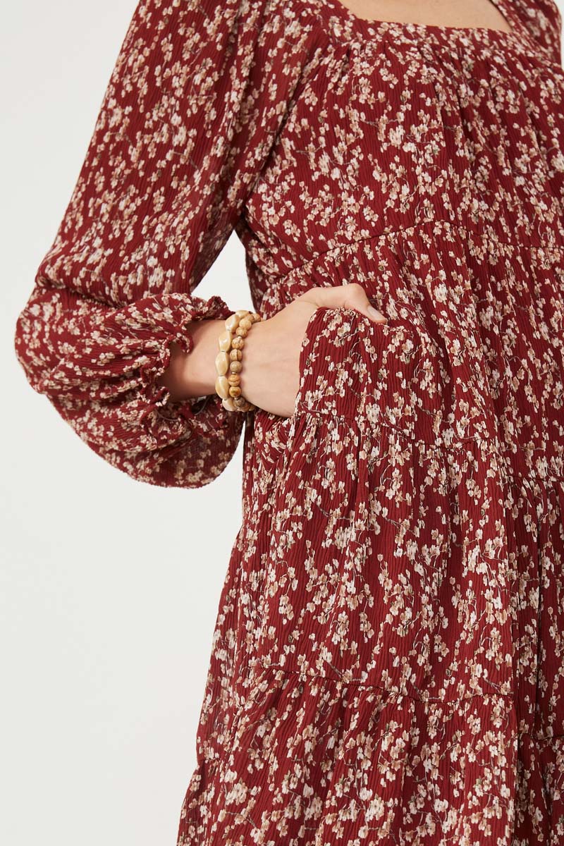 HY6269 Burgundy Womens Ditsy Floral Cinched Puff Sleeve Square Neck Dress Detail