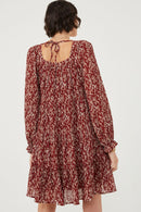 HY6269 Burgundy Womens Ditsy Floral Cinched Puff Sleeve Square Neck Dress Back