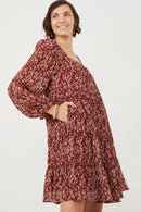 HY6269 Burgundy Womens Ditsy Floral Cinched Puff Sleeve Square Neck Dress Side