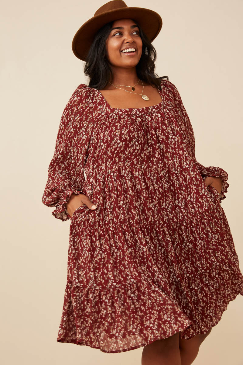 Ditsy Floral Cinched Puff Sleeve Square Neck Dress