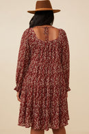 HY6269W Burgundy Plus Ditsy Floral Cinched Puff Sleeve Square Neck Dress Back
