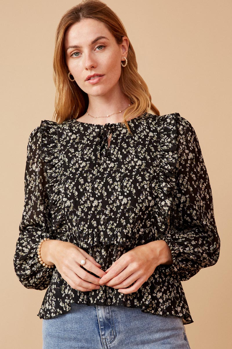 Ditsy Floral Tie Front Ruffle Detail Top