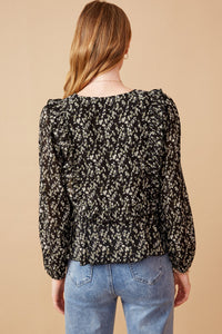 HY6275 Black Womens Ditsy Floral Tie Front Ruffle Detail Top Back
