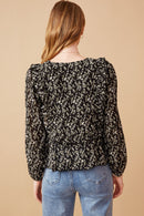 HY6275 Black Womens Ditsy Floral Tie Front Ruffle Detail Top Back