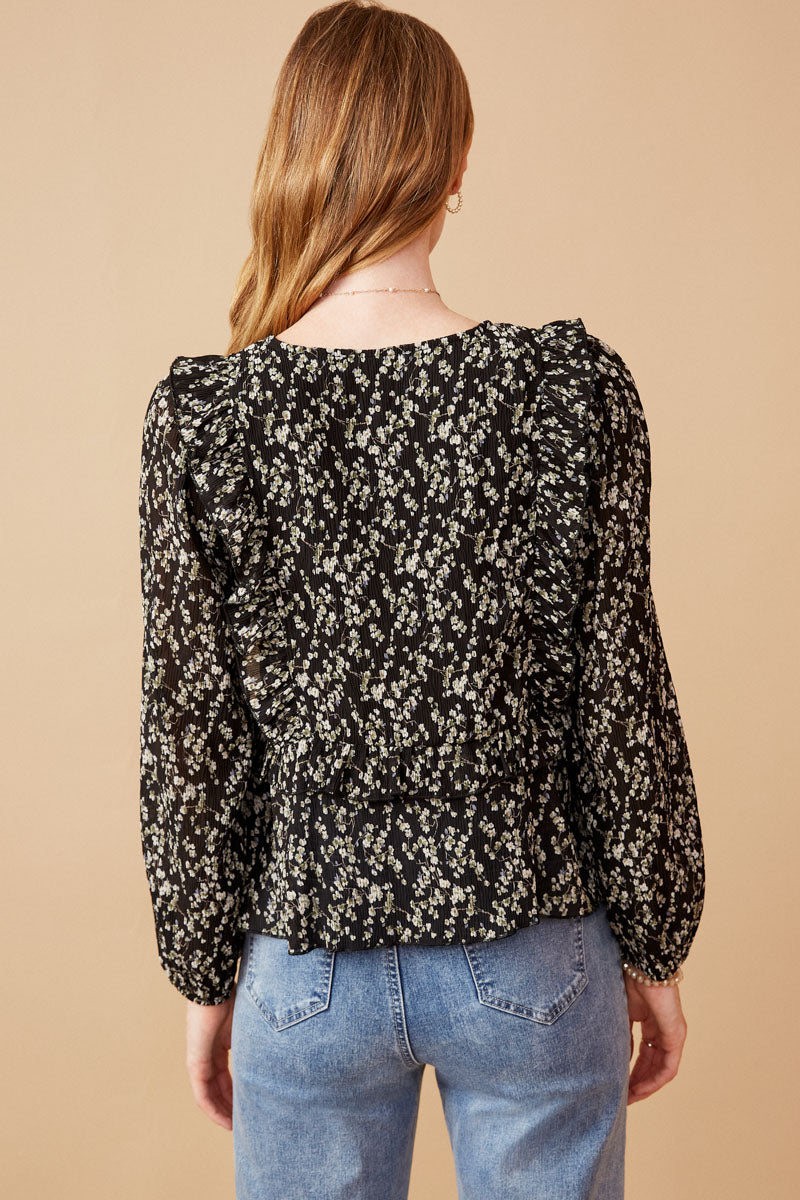 HY6275 Black Womens Ditsy Floral Tie Front Ruffle Detail Top Back