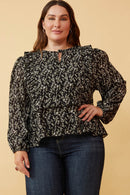 HY6275 Black Womens Ditsy Floral Tie Front Ruffle Detail Top Front
