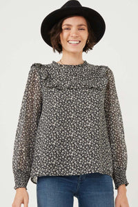 HY6304W Black Plus Ditsy Floral Ruffled Bib Smocked Cuff Dress Side