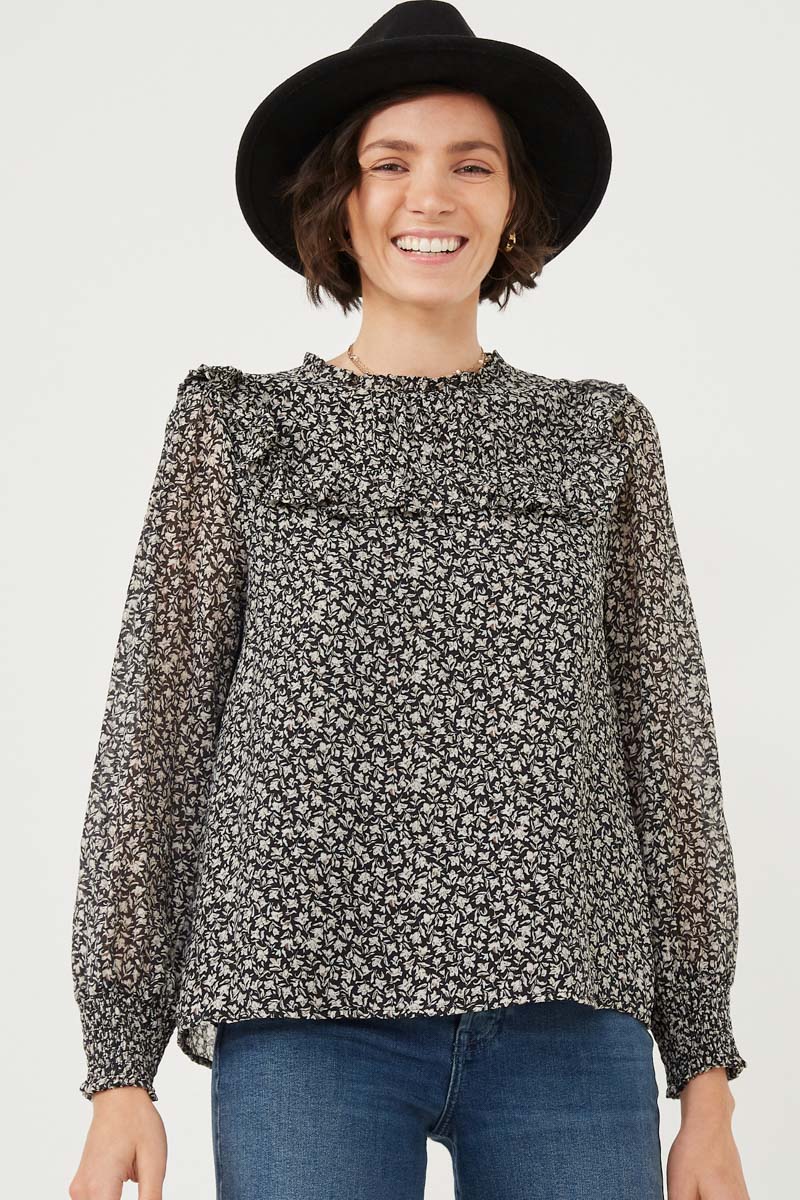 HY6304W Black Plus Ditsy Floral Ruffled Bib Smocked Cuff Dress Side