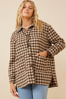 HY6311W Mocha Plus Houndstooth Front Pocket Button Detail Coat Front