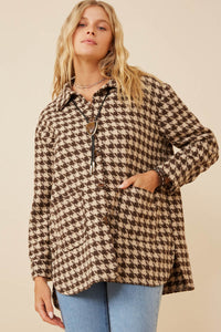 HY6311W Mocha Plus Houndstooth Front Pocket Button Detail Coat Front
