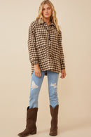 HY6311 Mocha Womens Houndstooth Front Pocket Button Detail Coat Full Body