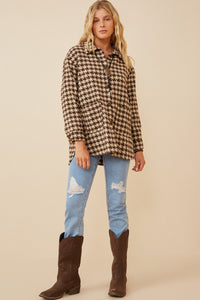 HY6311 Mocha Womens Houndstooth Front Pocket Button Detail Coat Full Body