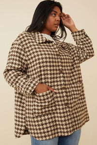 HY6311 Mocha Womens Houndstooth Front Pocket Button Detail Coat Gif