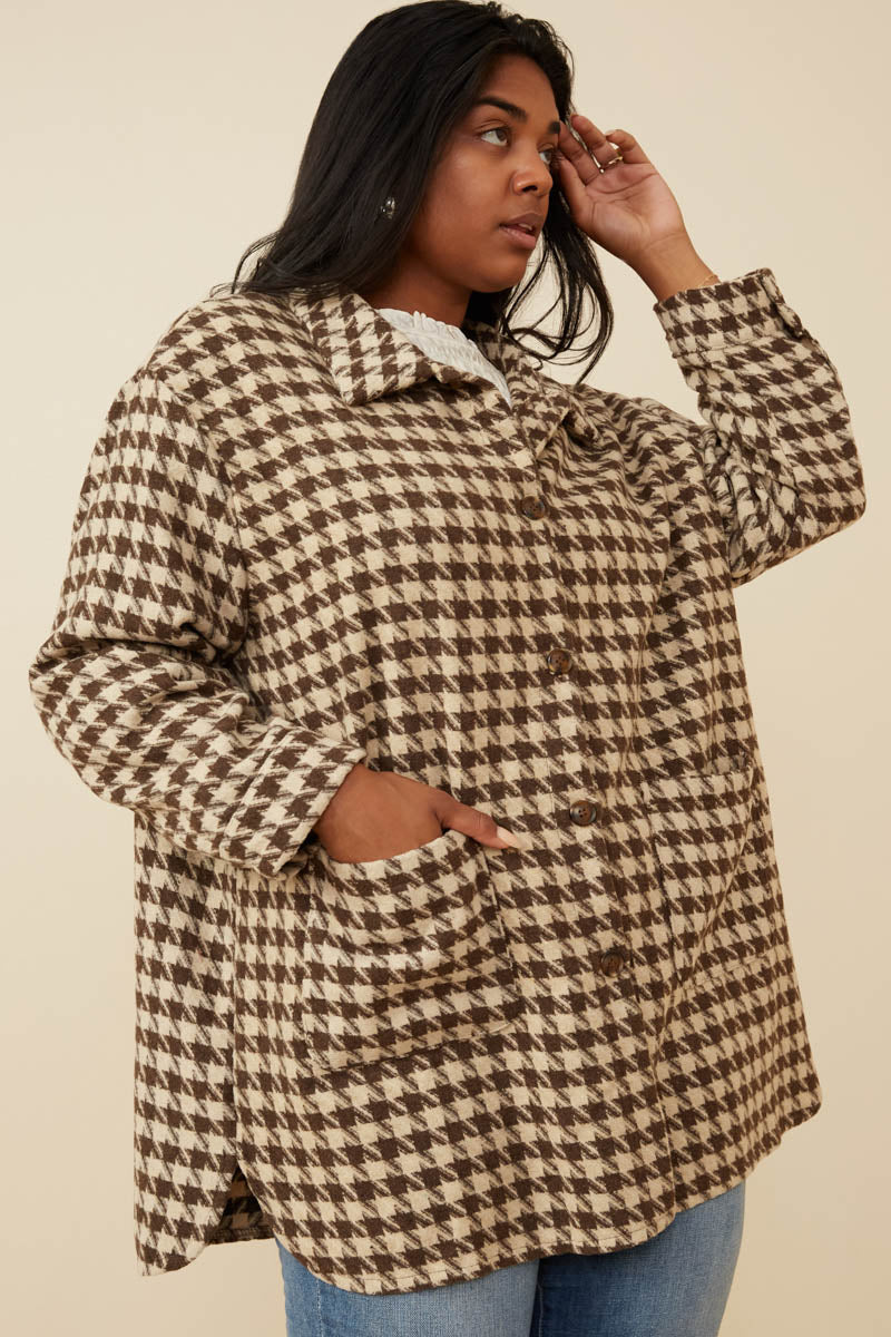 HY6311 Mocha Womens Houndstooth Front Pocket Button Detail Coat Gif