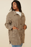HY6311W Mocha Plus Houndstooth Front Pocket Button Detail Coat Detail