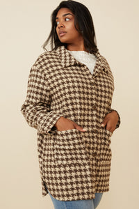 HY6311W Mocha Plus Houndstooth Front Pocket Button Detail Coat Detail