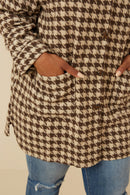 HY6311W Mocha Plus Houndstooth Front Pocket Button Detail Coat Back