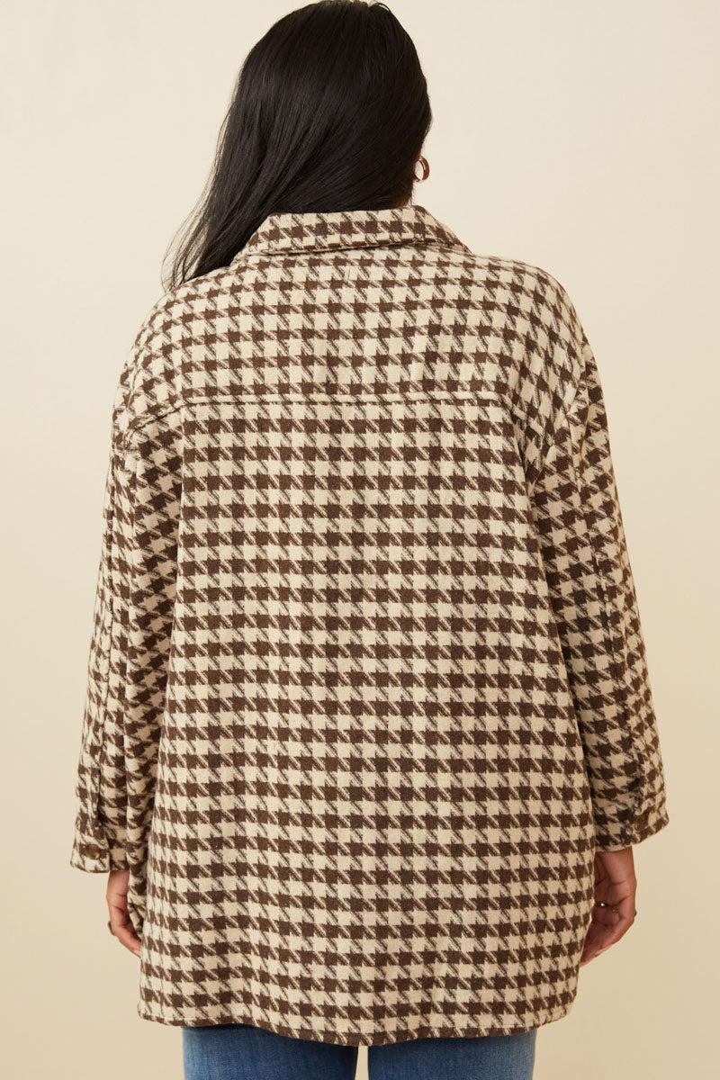 HY6311W Mocha Plus Houndstooth Front Pocket Button Detail Coat Back