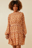 HY6325 RUST Womens Floral Print Smocked Detail Puff Sleeve Dress Front