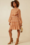 HY6325 RUST Womens Floral Print Smocked Detail Puff Sleeve Dress Side
