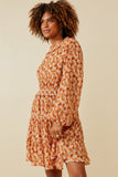 HY6325 RUST Womens Floral Print Smocked Detail Puff Sleeve Dress Back