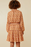 HY6325W Rust Plus Floral Print Smocked Detail Puff Sleeve Dress Front