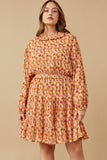 HY6325W Rust Plus Floral Print Smocked Detail Puff Sleeve Dress Front