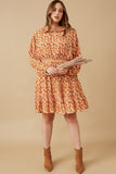 HY6325W Rust Plus Floral Print Smocked Detail Puff Sleeve Dress Gif