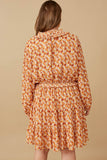 HY6325W Rust Plus Floral Print Smocked Detail Puff Sleeve Dress Detail