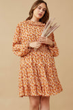 HY6325W Rust Plus Floral Print Smocked Detail Puff Sleeve Dress Back