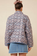 HY6334 Blue Womens Antique Printed Quilted Padded Jacket Back