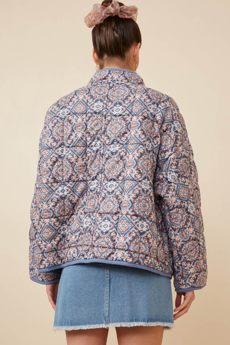 HY6334 Blue Womens Antique Printed Quilted Padded Jacket Back