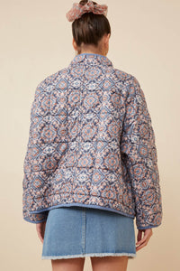 HY6334 Blue Womens Antique Printed Quilted Padded Jacket Back