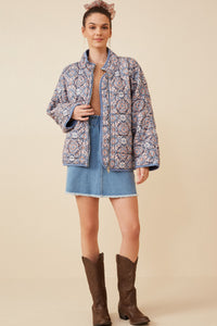 HY6334 Blue Womens Antique Printed Quilted Padded Jacket Full Body