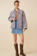 HY6334 Blue Womens Antique Printed Quilted Padded Jacket Full Body