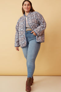 HY6334W BLUE Plus Antique Printed Quilted Padded Jacket Front