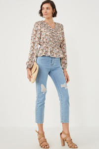 HY6337 Olive Mix Womens Floral Print Ruffled Smock Surplice Top Front