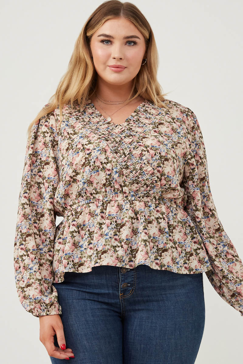 Floral Print Ruffled Smock Surplice Top