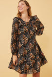 HY6338 Black Womens Floral Print Ruffle Shoulder Long Sleeve Dress Front